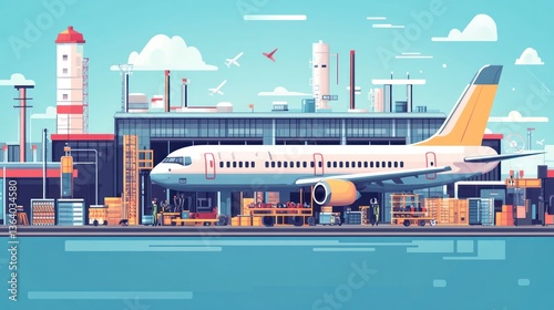 Airport hangar, airplane maintenance, industrial complex background, illustration for aviation industry