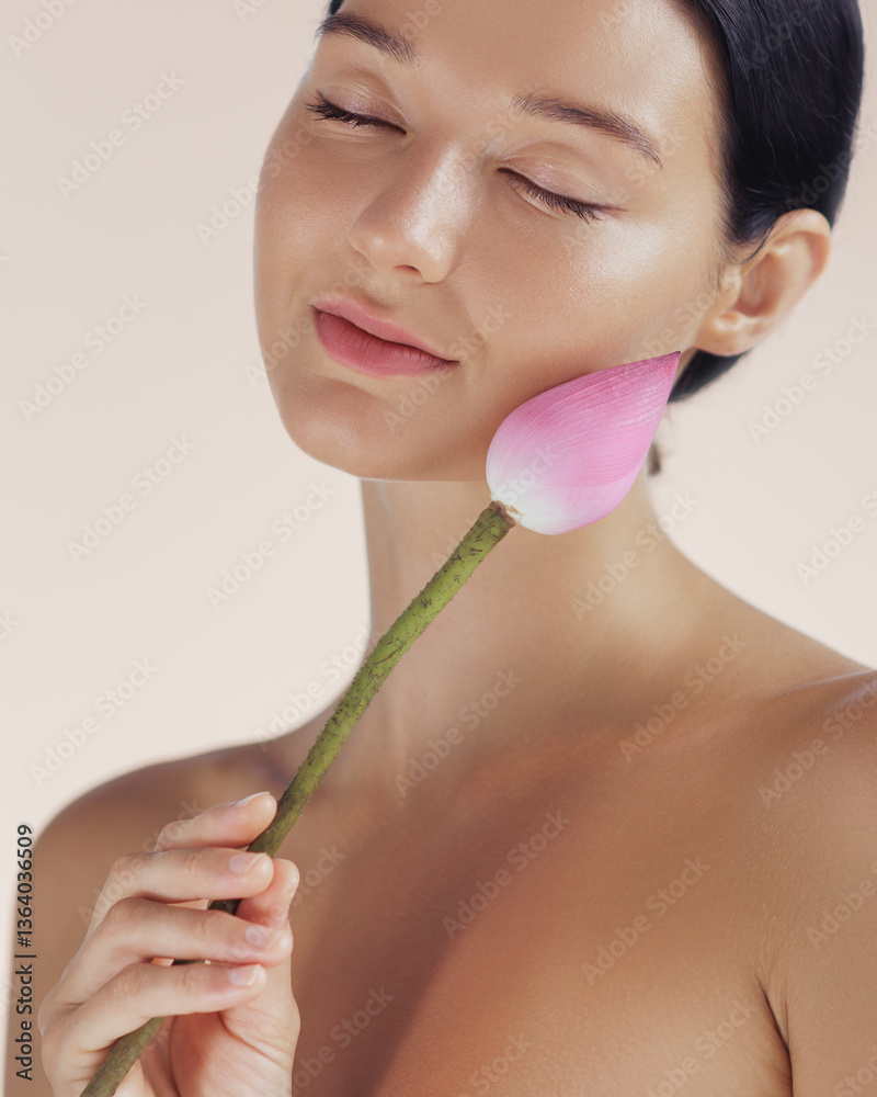 Serene woman with closed eyes holds a pink lotus bud near her face, symbolizing natural beauty and skincare. Ideal for wellness, spa treatments, beauty products, and luxury skincare promotions.