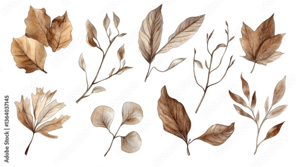 Fototapeta premium various leaves and branches in warm earthy tones showcasing intr