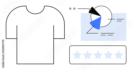 T-shirt product image with pie chart and data analytics, paired with a five-star rating system. Ideal for e-commerce, analytics, product review, feedback, customer experience, rating systems, flat