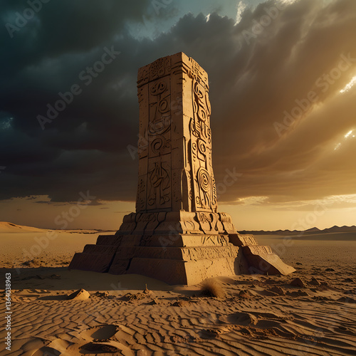 A titanic warrior statue, partially buried in the endless desert sands, its colossal form weathered by time. photo
