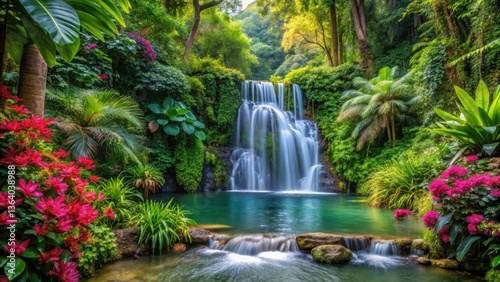Waterfall in lush greenery with exotic flowers and towering trees , foliage, oasis,  foliage, oasis, tropical