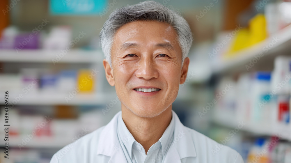 Obraz premium smiling pharmacist white coat stands confidently pharmacy, surrounded by shelves filled with various medications and health products. His warm expression conveys professionalism