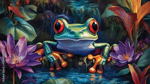 A Vibrant Red Eyed Tree Frog Sits Among Colorful Plants and Water In An Oil Painting