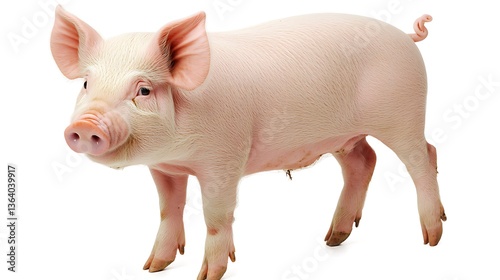 A standing pig with pink skin and distinctive curled tail