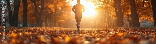 A runner sprints toward the bright sunrise in an autumn park