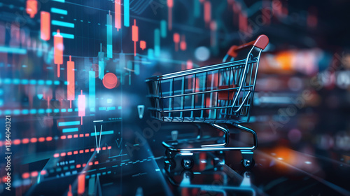 Futuristic digital dashboard with financial market charts and online shopping cart on high tech display  Concept of modern e commerce business intelligence and technology driven investment