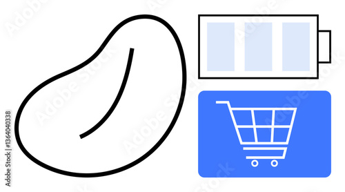 Minimalist design featuring a bean, battery cell, and shopping cart icon. Ideal for sustainability, innovation, energy, eco-commerce, resource management, modern farming flat simple metaphor