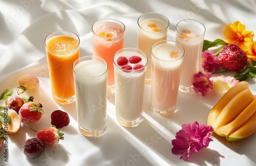 Refreshing fruit drinks in stylish glasses arranged creatively with colorful flowers and fruits on a bright table top creating a vibrant atmosphere