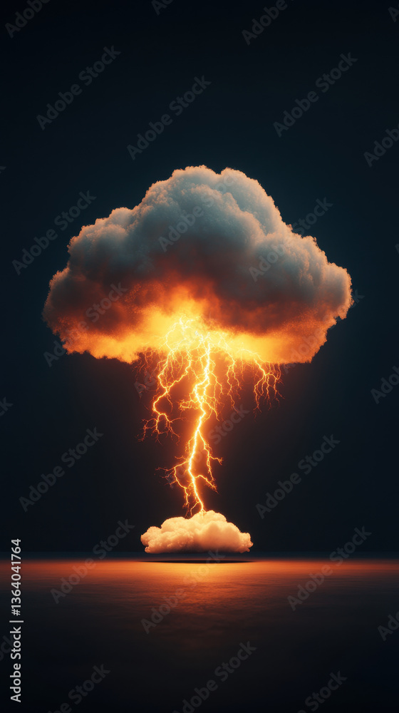 Obraz premium dramatic cloud emits golden lightning, striking down with intense energy against dark backdrop. scene evokes sense of power and awe, capturing nature raw force