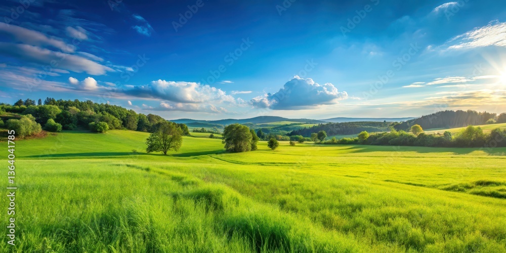 Fototapeta premium Widespread green meadow under a clear blue sky, rural landscape