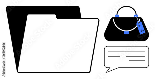Folder, handbag with blue tag, and message bubble. Ideal for organization, communication, storage, business, fashion messaging and information sharing. Abstract line flat metaphor