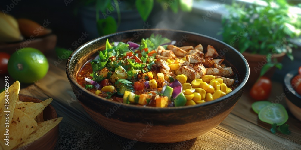 Delicious bowl of colorful mixed vegetables, grilled chicken, and corn served with tortilla chips on a wooden table Delicious bowl of colorful mixed vegetables, grilled chicken, and corn served with tortilla chips on a wooden table
