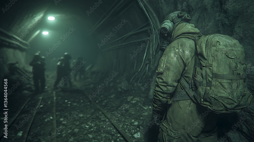 Fototapeta premium A person wearing protective gear explores an underground tunnel system