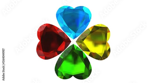 3D rotating clover with a four heart shape diamond colourful on a white background.