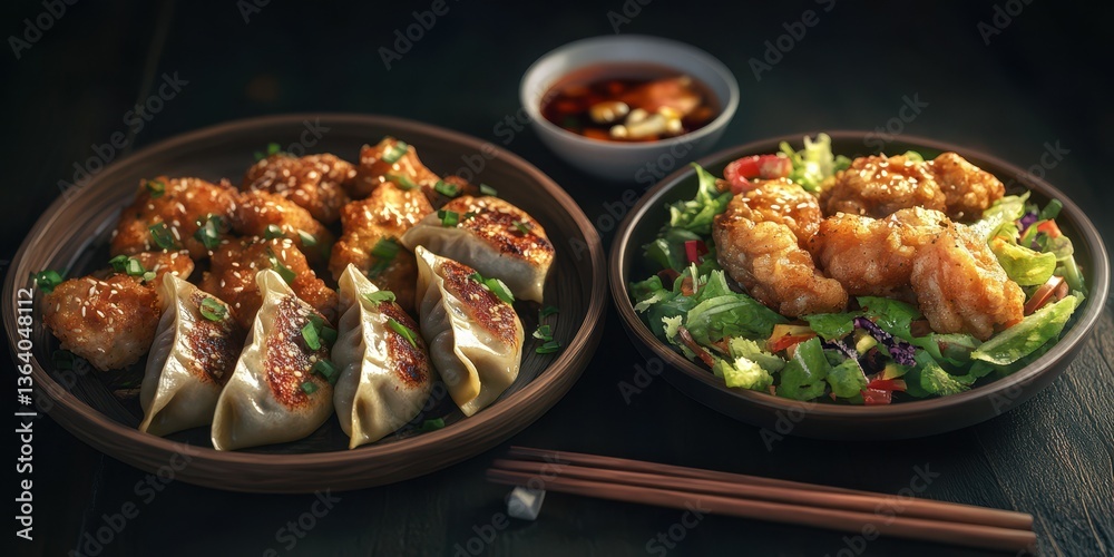 Delicious dumplings and crispy chicken served on a wooden table with fresh salad and dipping sauce at a cozy restaurant Delicious dumplings and crispy chicken served on a wooden table with fresh salad and dipping sauce at a cozy restaurant