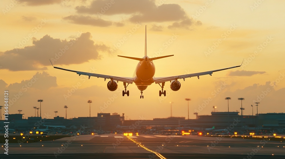 An airplane is descending toward the airport runway during sunset An airplane is descending toward the airport runway during sunset