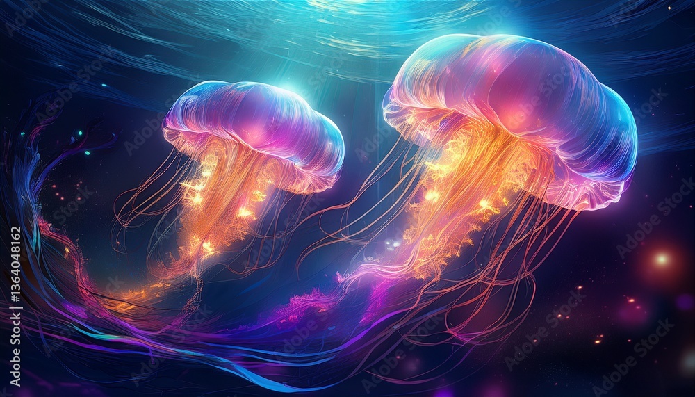 Naklejka premium Neon Jellyfish Swimming Through Surreal Cosmic Waters – Abstract Dreamlike Ocean Art
