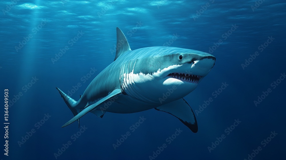 Fototapeta premium Sleek megalodon glides through deep waters, contrasting with a bulky silhouette in the background, embodying elegance and power. 