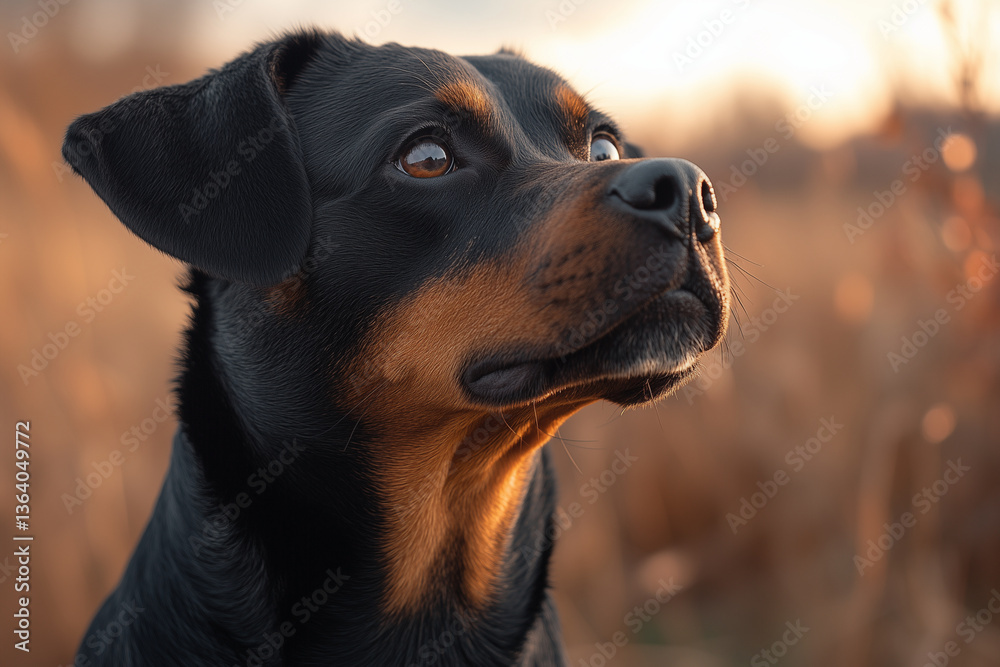 Rottweiler dog in the wild with warm lighting Rottweiler dog in the wild with warm lighting