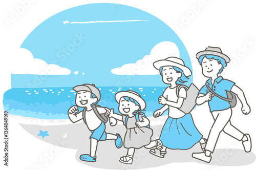 夏の海辺にいる家族のイラスト
