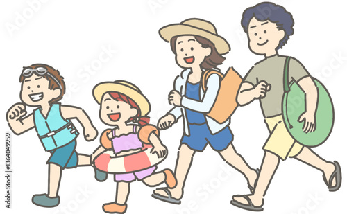 水着姿の夏の家族のイラスト
