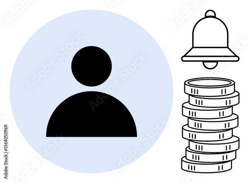 Simplified user profile, notification bell, and stacked coins. Ideal for finance, user management, alerts, transactions, savings, budgeting and account notifications in flat simple metaphor