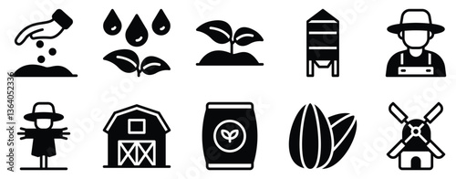 Farming Icon Set Solid Style Collection representing agriculture and cultivation suitable for farm management agribusiness and eco-friendly initiatives