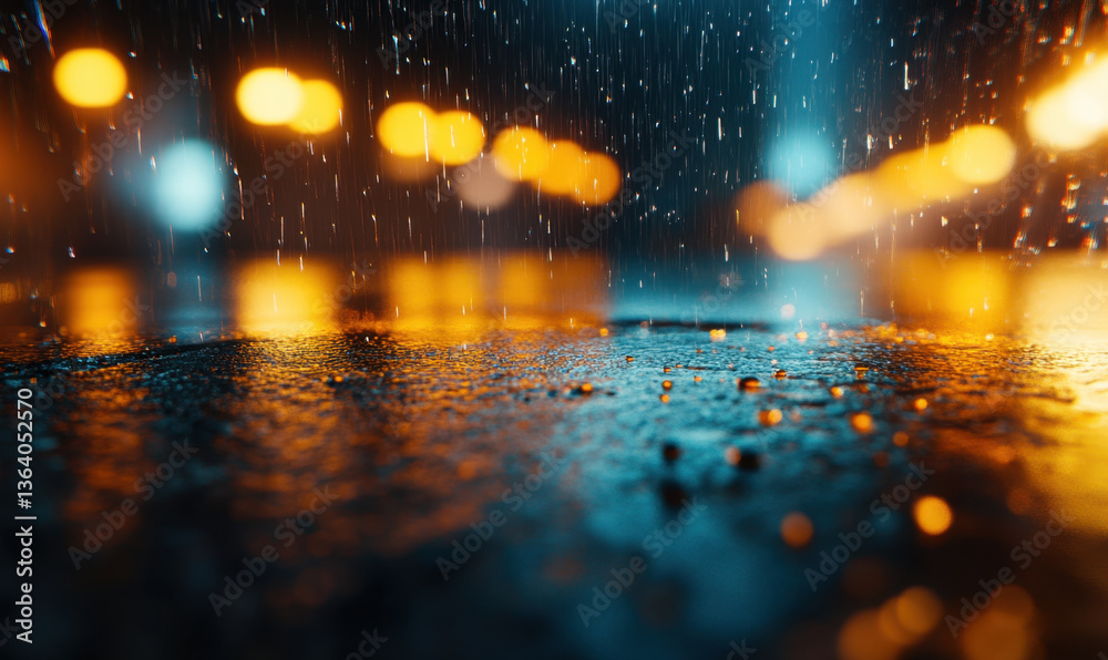 Fototapeta premium hyper realistic close up of heavy rain pouring down, creating mesmerizing effect on wet surface below, with vibrant bokeh lights in background adding depth and emotion