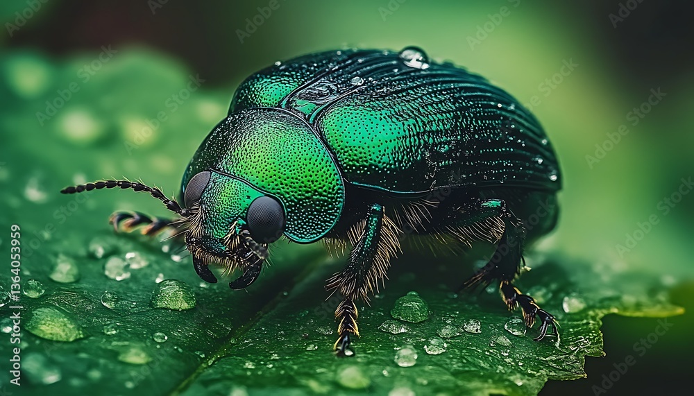 Fototapeta premium A shimmering green beetle covered in water droplets rests on a leaf