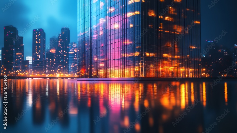 Obraz premium Cityscape Reflections: An architectural marvel shimmers on the water surface, with vibrant lights against the night sky, showcasing the beauty of urban life.