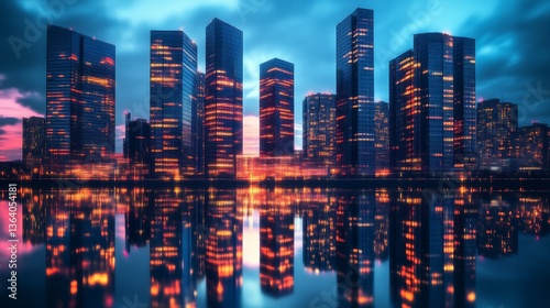 Cityscape at Dusk: A breathtaking panoramic view of a modern city at dusk. The towering skyscrapers light up against the twilight sky, casting reflections in the calm water below.