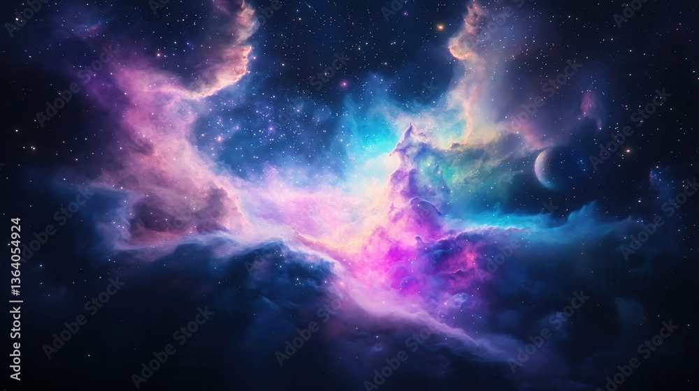 Fototapeta premium A vivid cosmic scene showcasing a colorful nebula filled with stars, blending hues of purple, blue, and pink against a dark backdrop.