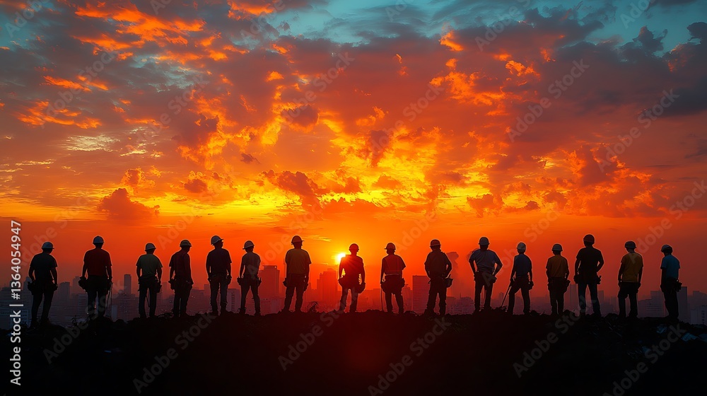 A group of workers stand silhouetted before a bright sunset A group of workers stand silhouetted before a bright sunset
