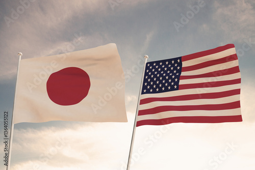 Relations between the countries of the United States of America USA and JAPAN represented by the concept of two flags waving against a cloudy sky.3d render.