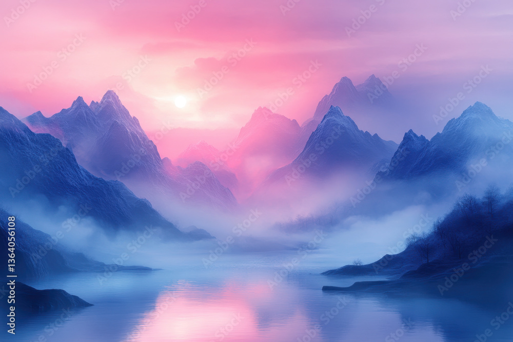 Obraz premium A serene lake reflects towering mountains in a picturesque landscape.