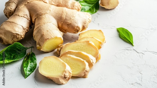 Fresh Ginger Root with Slices and Green Leaves on a Light Grey Background Perfect for Food and Cooking Themes, Healthy Eating and Herbal Medicine Concepts photo