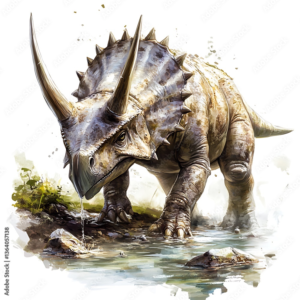 Fototapeta premium Majestic Prehistoric Creature by the Water A Digital Painting of a Triceratops.