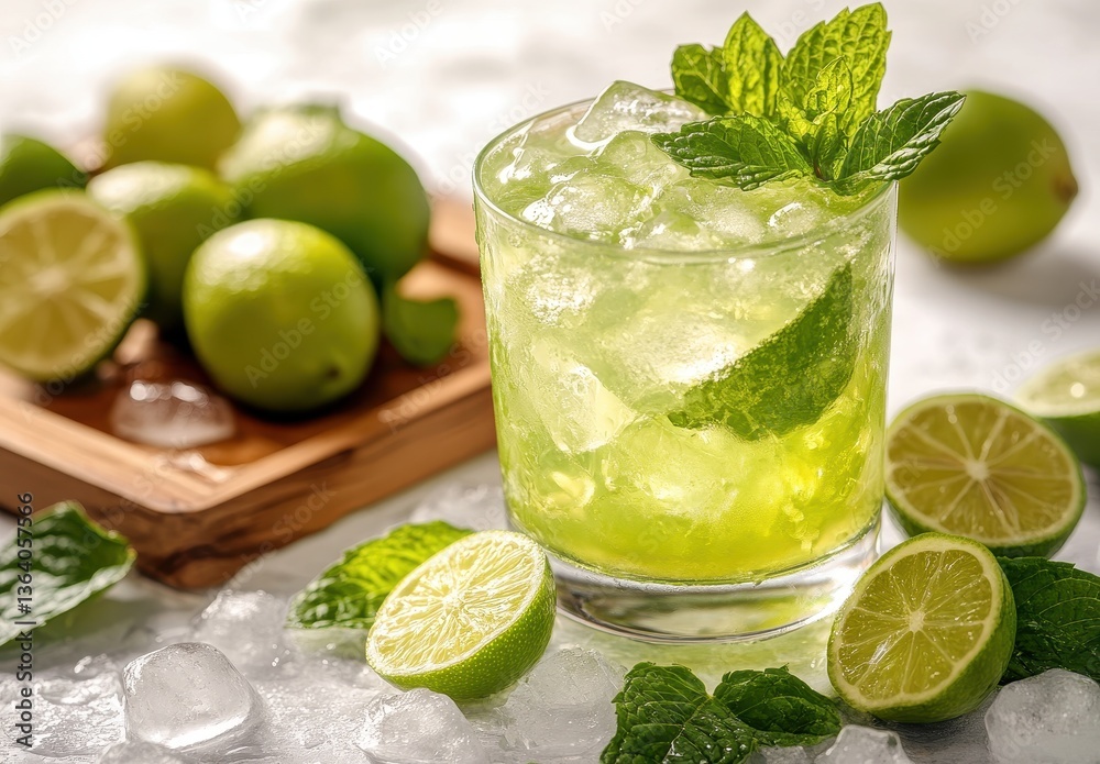 Refreshing Lime Mint Cocktail with Ice Garnished with Fresh Mint Leaves on a Crushed Ice Surface Surrounded by Fresh Limes and Slices in a Bright Set-Up Refreshing Lime Mint Cocktail with Ice Garnished with Fresh Mint Leaves on a Crushed Ice Surface Surrounded by Fresh Limes and Slices in a Bright Set-Up