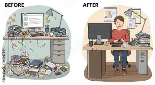 Organizing Desk Space Before and After Illustration for Productivity Concept