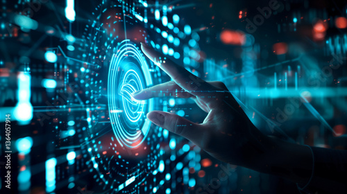 Wallpaper Mural hand touching floating virtual button in high tech environment, showcasing advanced technology and digital interaction. scene conveys sense of innovation and futuristic design Torontodigital.ca