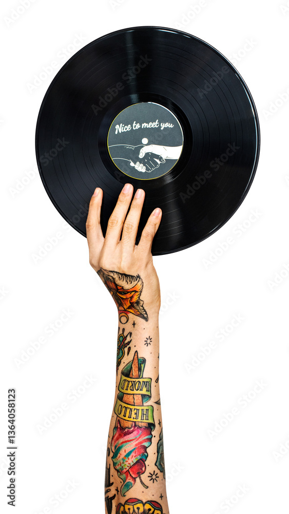 Vinyl record png in hand sticker on transparent background