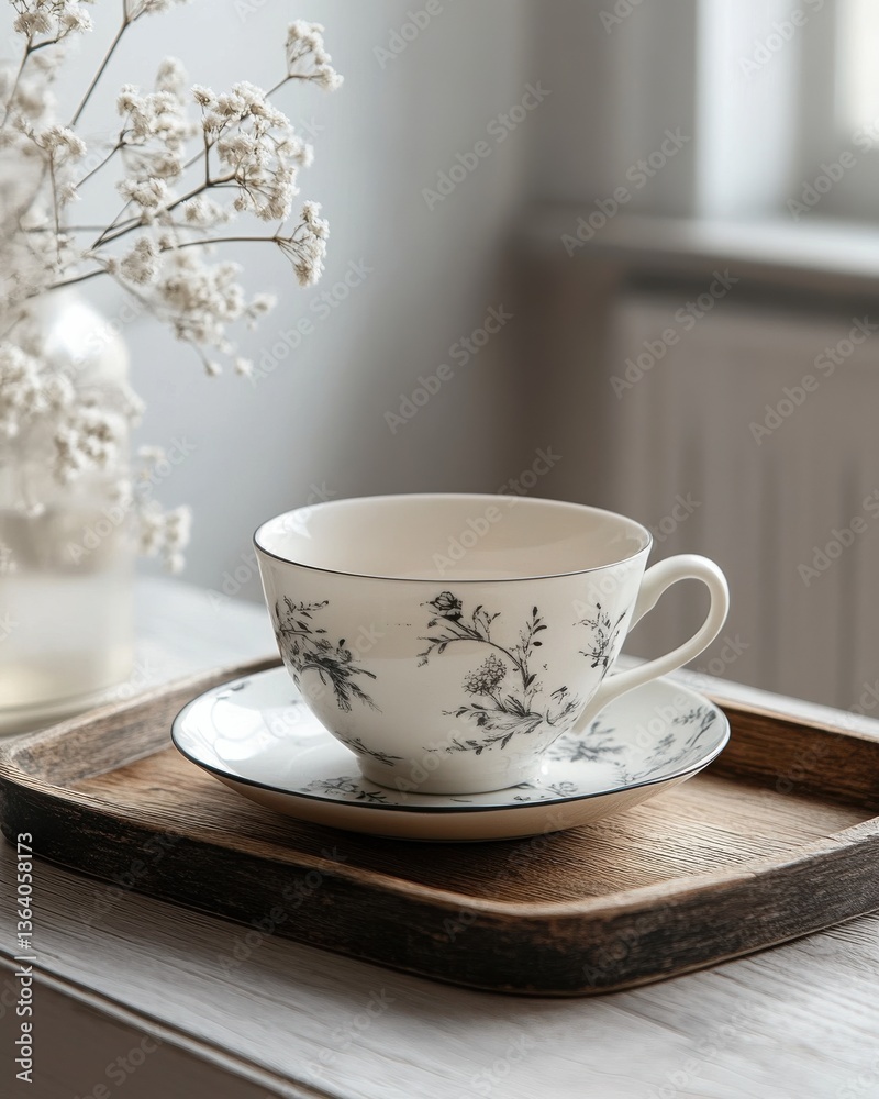 Fototapeta premium Elegant Vintage Teacup on Wooden Tray with Delicate Flowers and Bright Natural Light