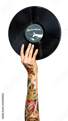 Obraz na płótnie Vinyl record png in hand sticker on transparent background w salonie