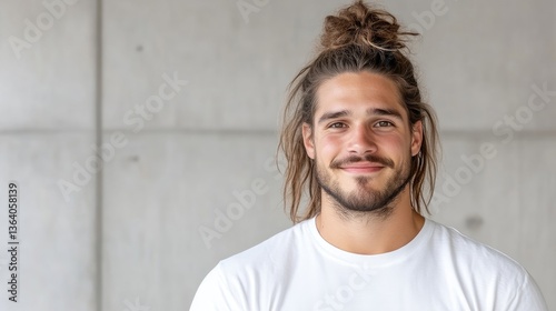 Smiling man with a bun and beard photo