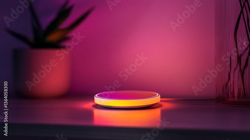 A modern smart home device illuminated in warm orange and purple tones, blending with contemporary decor