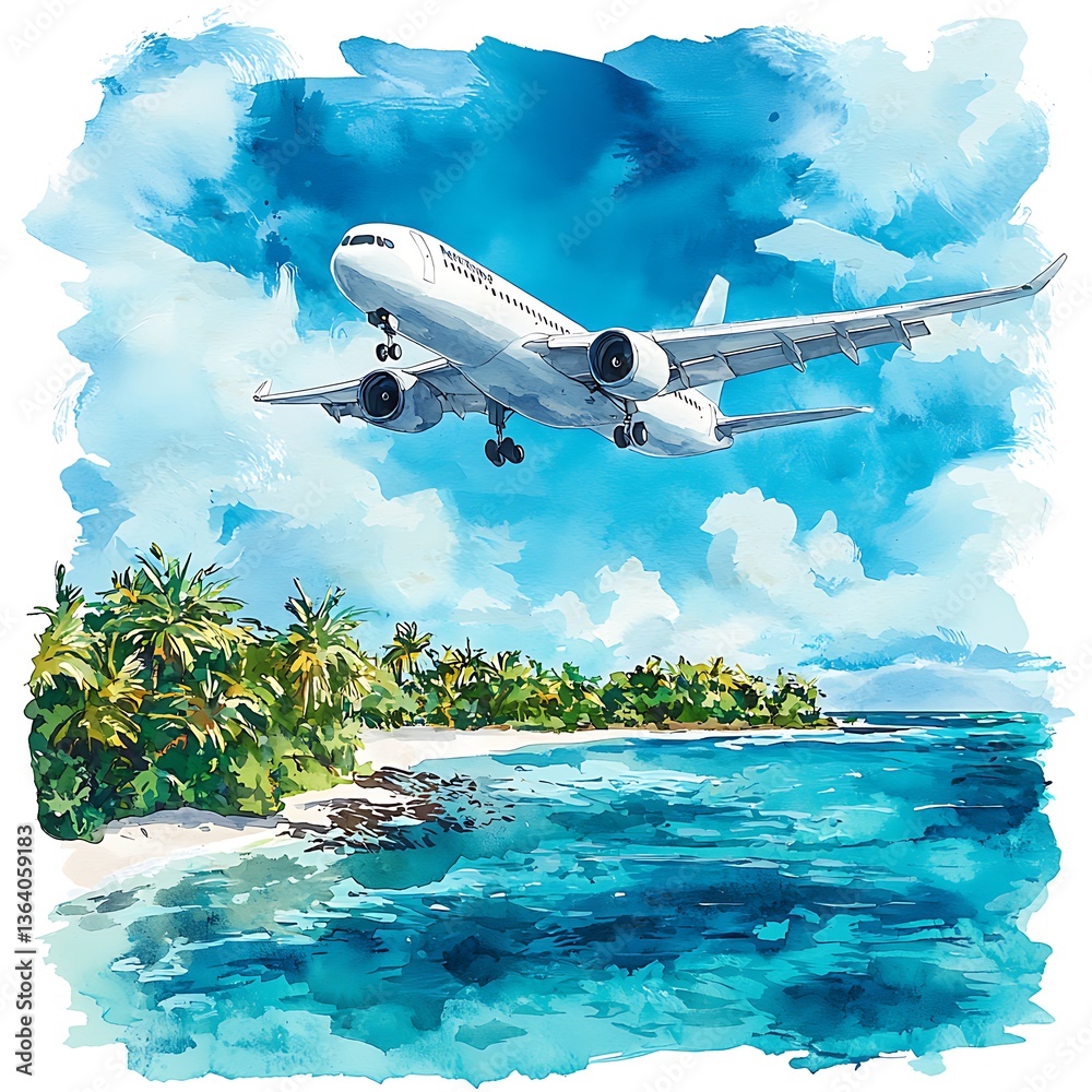 Naklejka premium Airplane Landing Over Tropical Island Paradise A Watercolor Painting of Travel and Vacation.