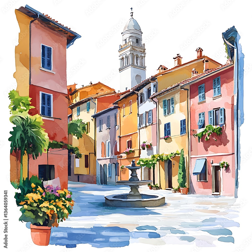 Obraz premium Idyllic Italian Town Square A Charming Watercolor Painting of a Picturesque European Village.