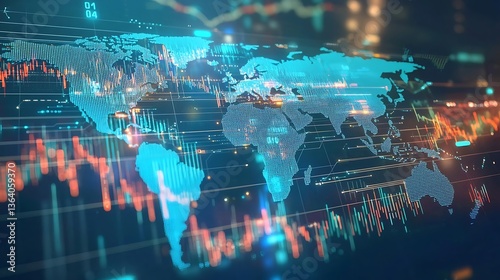 A futuristic world map glowing with financial data points and digital streams light