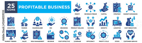 Profitable business icon collection set. Containing profit, revenue, income, sales, margin, cash flow, capital, asset icon. Simple line vector	
